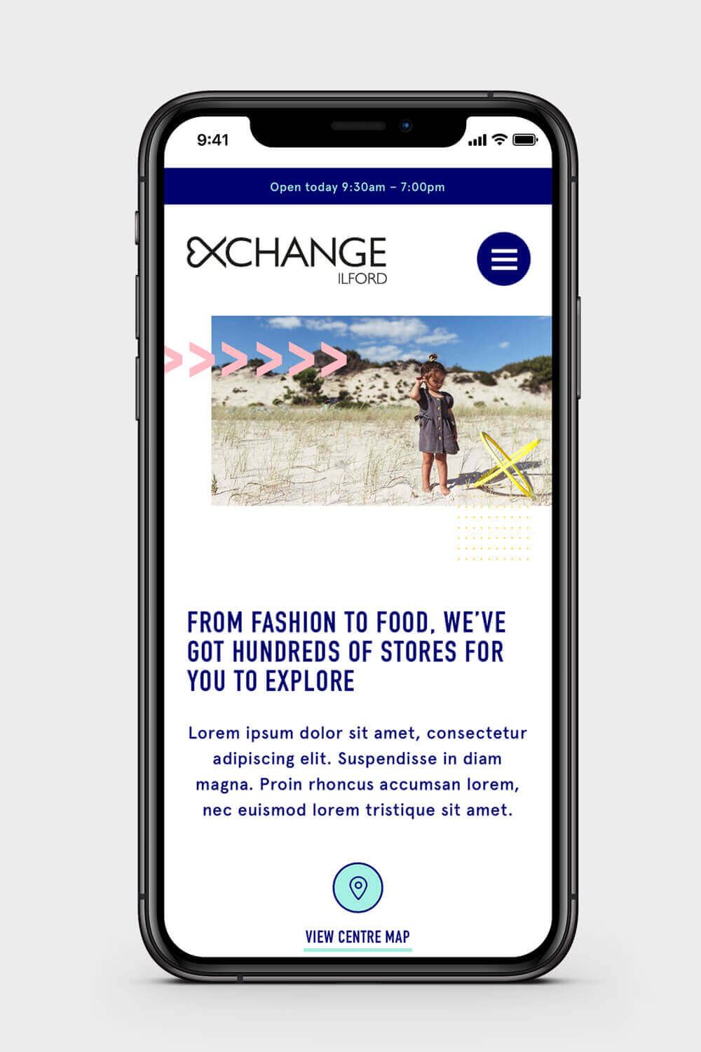 iPhone mockup of the Ilford Exchange website showing the stores page
